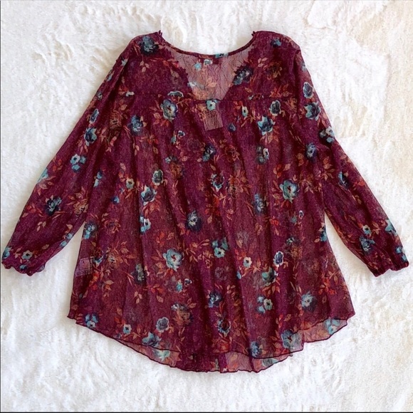 Vintage America Tops - Burgundy Wine Floral Sheer Textured Top SMALL